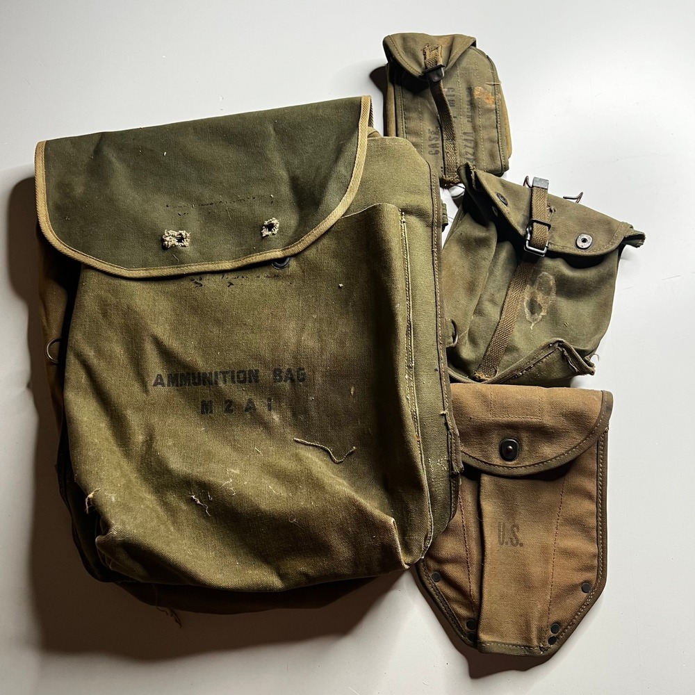 Vintage 1945 WWII US Military M2A1 Ammunition Bag & Canvas Pouch Lot Olive Drab